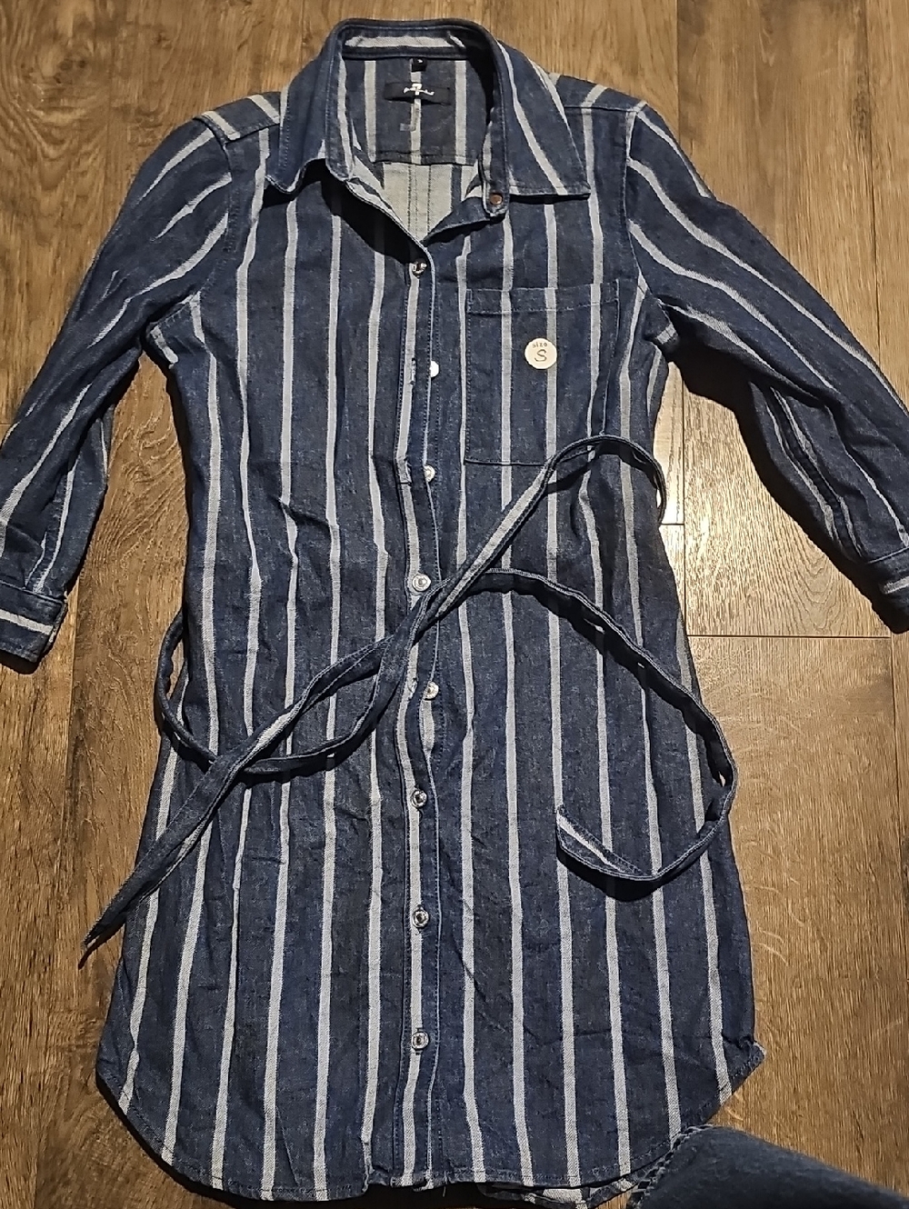 7 For All Mankind Jean Dress Striped Navy White Button Down Waist Tie Small